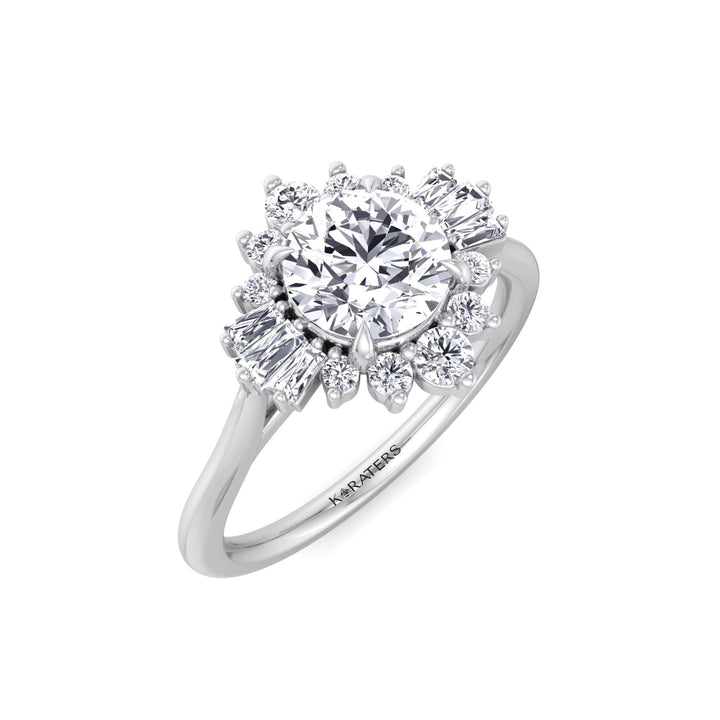 Round Cut Lab Grown Diamond Engagement Ring with Round and Tapered Baguette Clusters