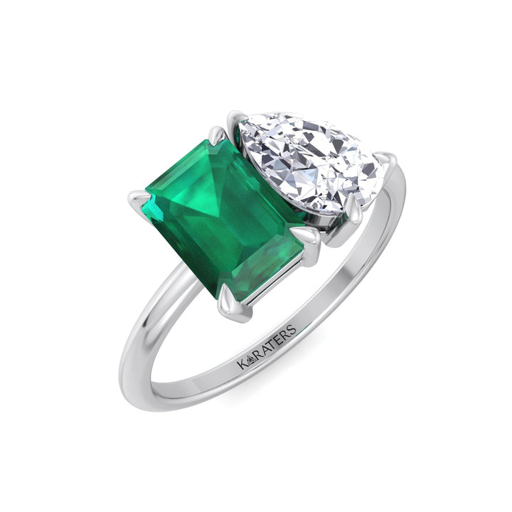 Toi et Moi Green Emerald & Pear Shape Lab Grown Diamond Engagement Ring