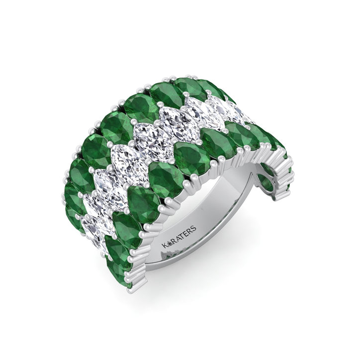 Pear Shape Green Emerald and Marquise Lab-Grown Diamond Cocktail Ring  WG 2