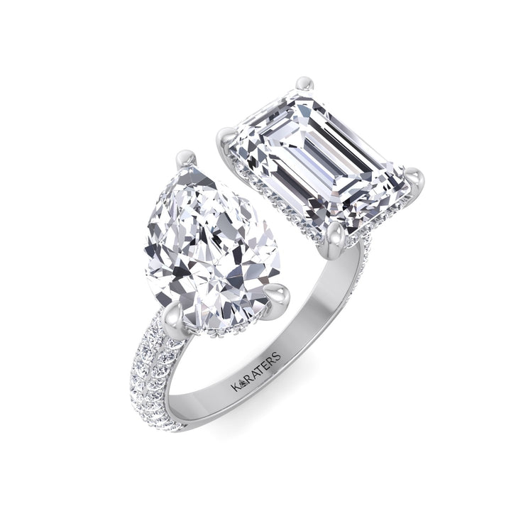 Toi Et Moi Emerald & Pear Shape Lab Grown Diamond Hidden Halo Engagement Ring with Side Stones