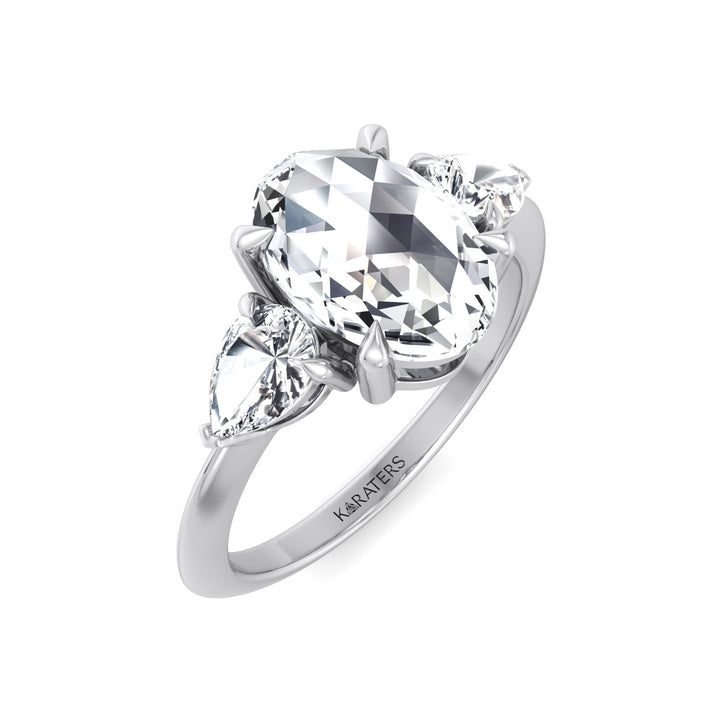 Oval Rose-Cut Lab Grown Diamond Engagement Ring with Pear Sidestones White Gold 18K