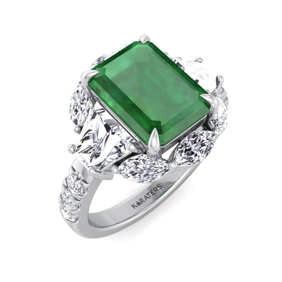 WG Green Emerald Lab Grown Diamond with Multiple Side Stone Engagement Ring side view 2