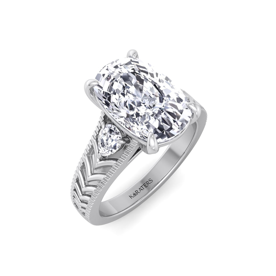Vintage Style Elongated Cushion-Cut Lab Grown Diamond Engagement Ring with Pear Sidestones White Gold 18K