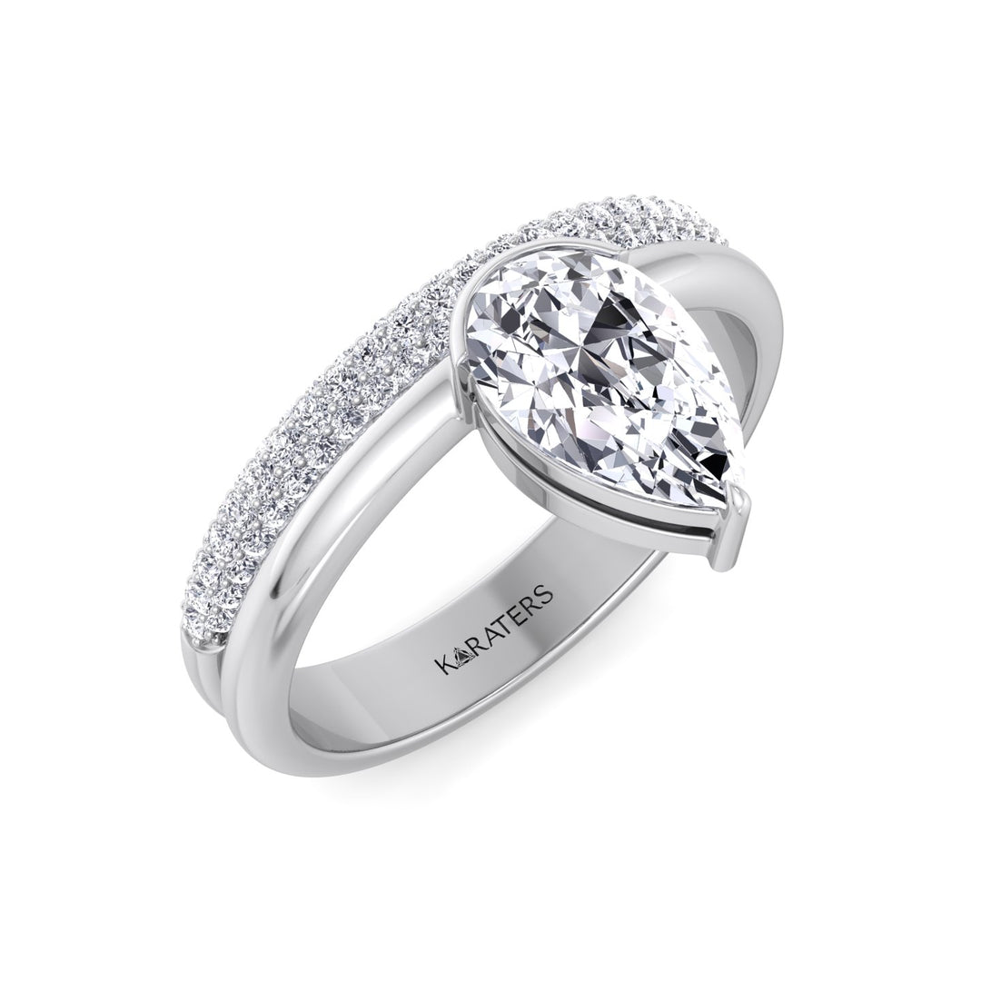 Floating Pear Shape Lab Grown Diamond Engagement Ring with Double Band White Gold 18K