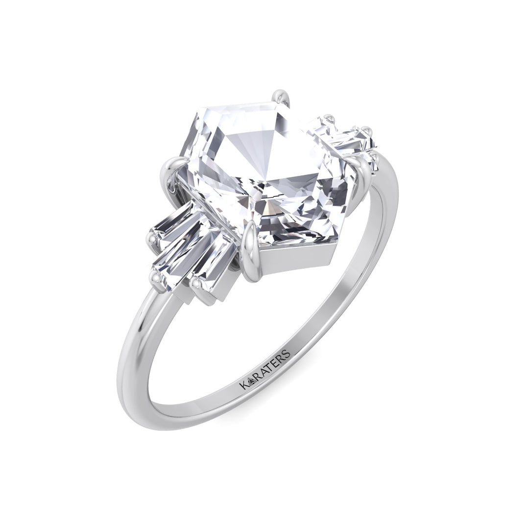 Rose Cut Hexagon Shape Lab Grown Diamond Engagement Ring with Tapered Baguettes