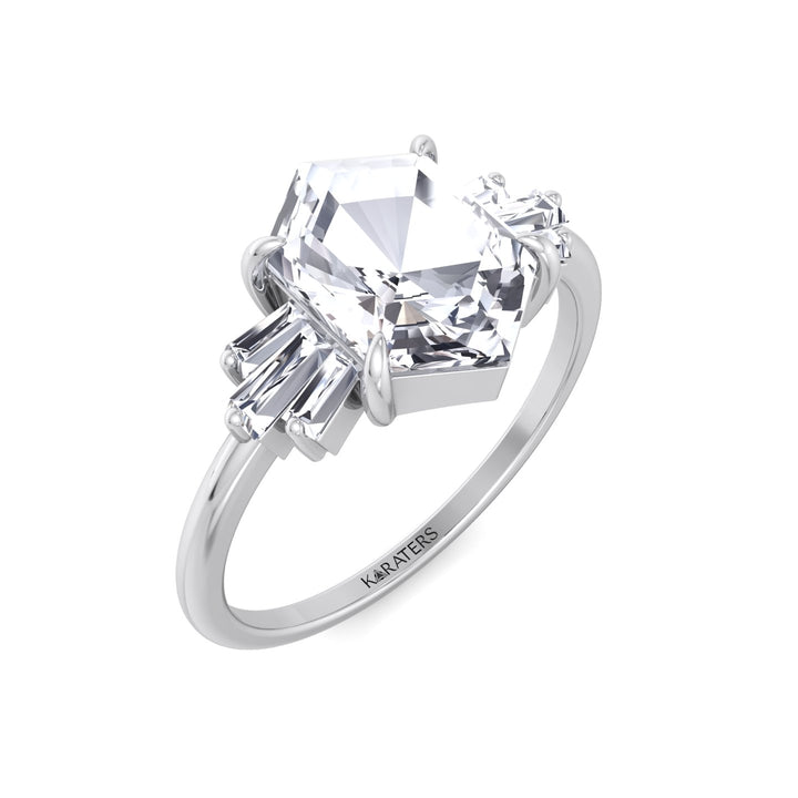 Rose Cut Hexagon Shape Lab Grown Diamond Engagement Ring with Tapered Baguettes