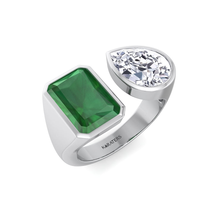 WG Radiant Green Emerald and Pear Shape Bezel Set Lab Grown Diamond side view