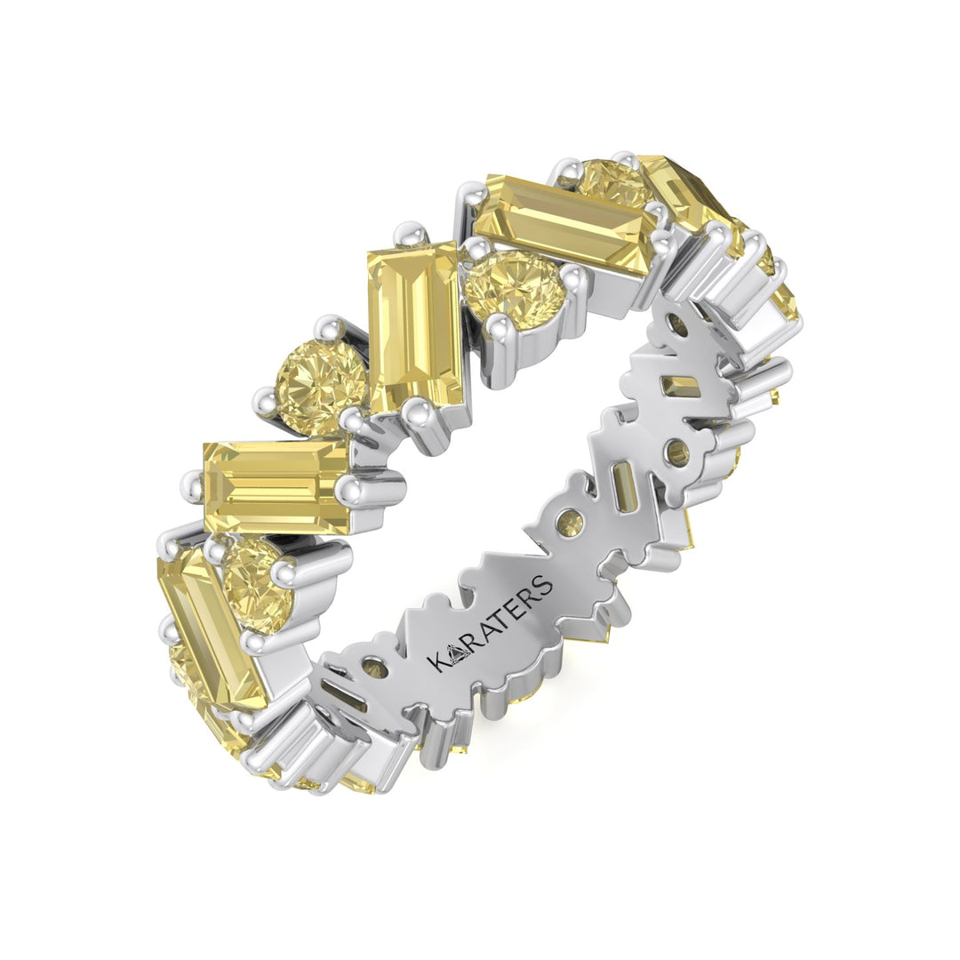 Fancy Yellow Lab Grown Diamond Band with Baguette and Round Shapes White Gold 14K