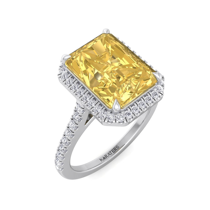 Elba - Radiant Cut Canary Yellow Lab-Grown Diamond Engagement Ring With Pave Band and Halo
