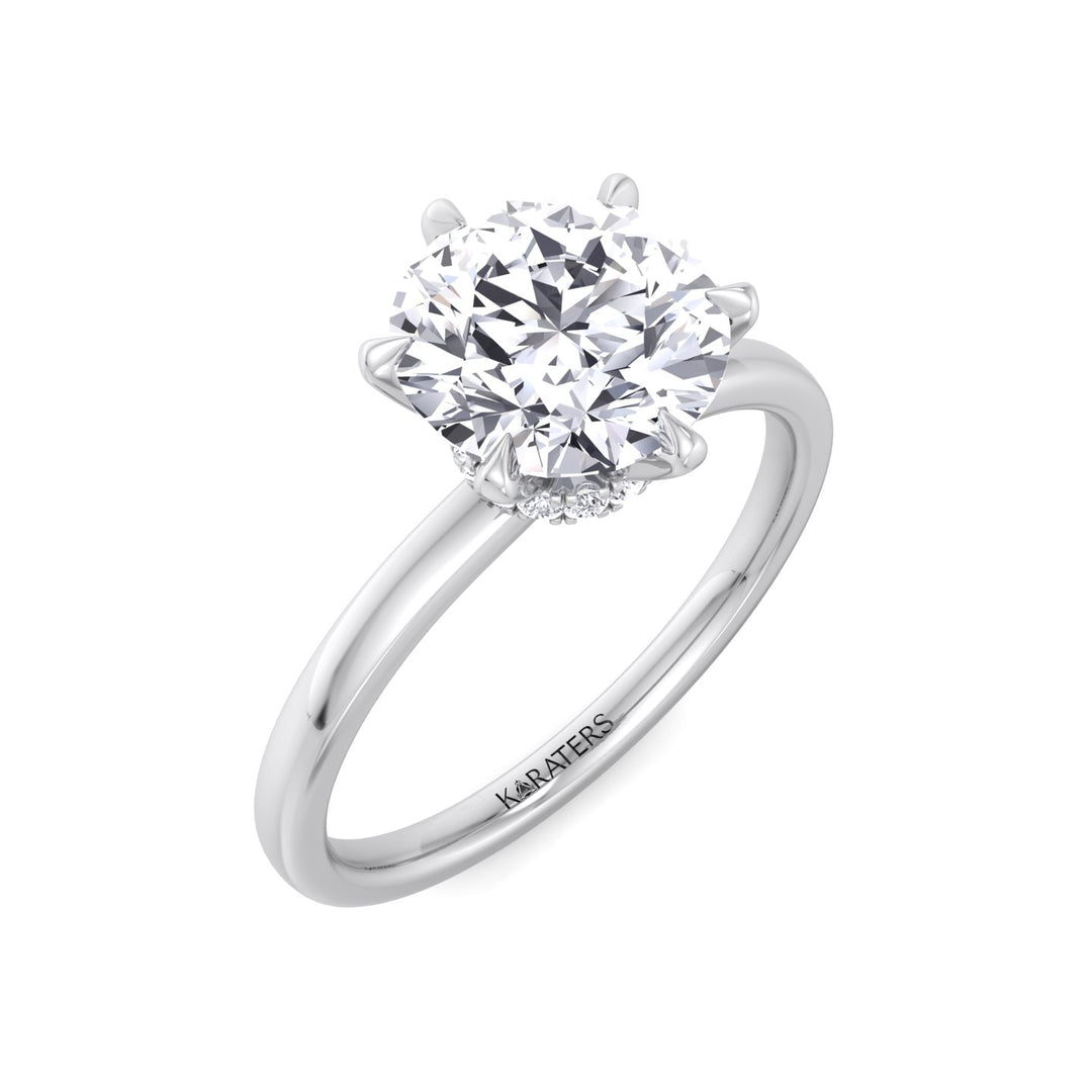 Round Cut Lab Grown Diamond Six Prong Solitaire Engagement Ring With Hidden Halo