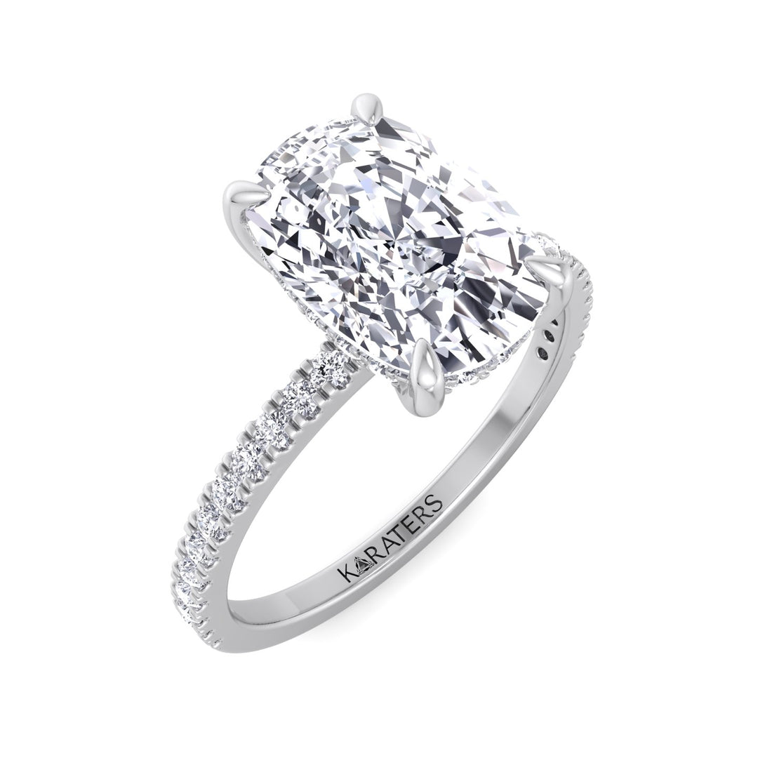 Elongated Cushion Cut Lab Grown Diamond Engagement Ring with Sidestones and Hidden Halo