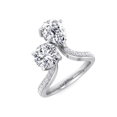 Regina - Toi et Moi Round and Pear Lab Grown Diamond Bypass Engagement Ring with Pave Band