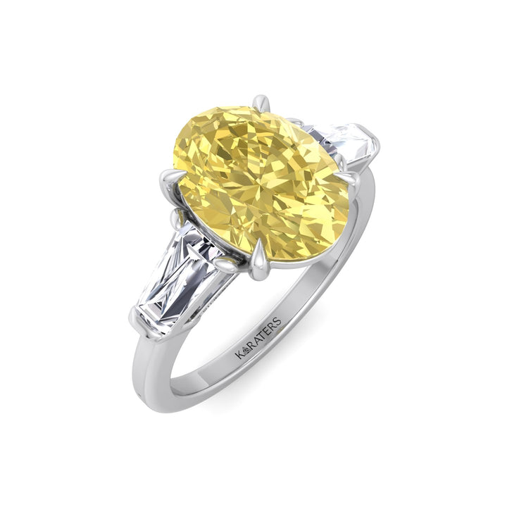 Fancy Yellow Oval Shape Lab Grown Diamond Engagement Ring with Tapered Baguette Sidestones White Gold 18K