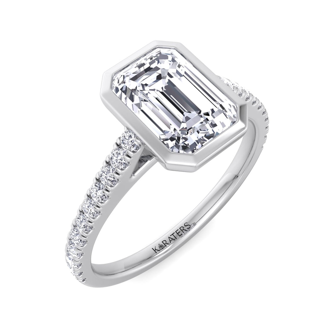 Emerald Cut Bezel Set Lab Grown Diamond Engagement Ring with Cathedral Style Pave Band
