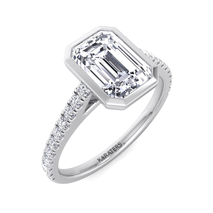 Emerald Cut Bezel Set Lab Grown Diamond Engagement Ring with Cathedral Style Pave Band