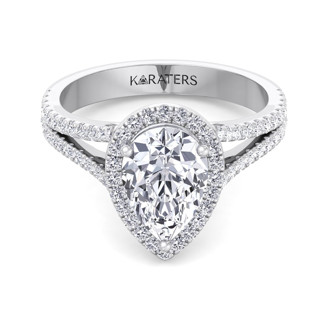 Pear Shaped Lab Grown Diamond Halo Engagement Ring with Pave Double Band