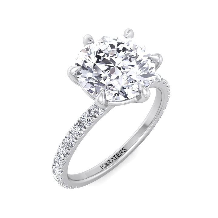 Six Prong Round Cut Lab Grown Diamond Engagement Ring With Pave Band