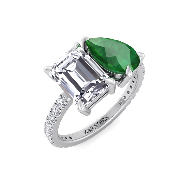 Toi Et Moi Emerald & Green Pear Shape Lab Grown Diamond Engagement Ring With Pave Band