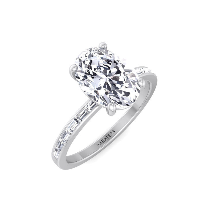 Oval Cut Lab Grown Diamond Engagement Ring with Baguette Channel Band-1CT-2CT-3CT-4CT-5CT-6CT-7CT-8CT-9CT-10CT-14K-White Gold