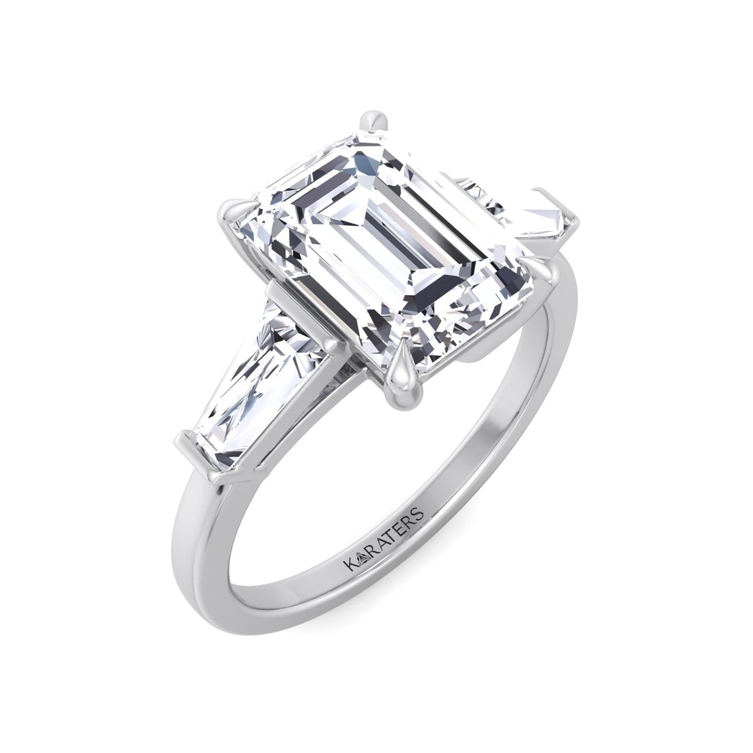 Emerald Cut Grown Diamond Solitaire Engagement Ring With Tapered Baguette Sidestones White Gold 14K 