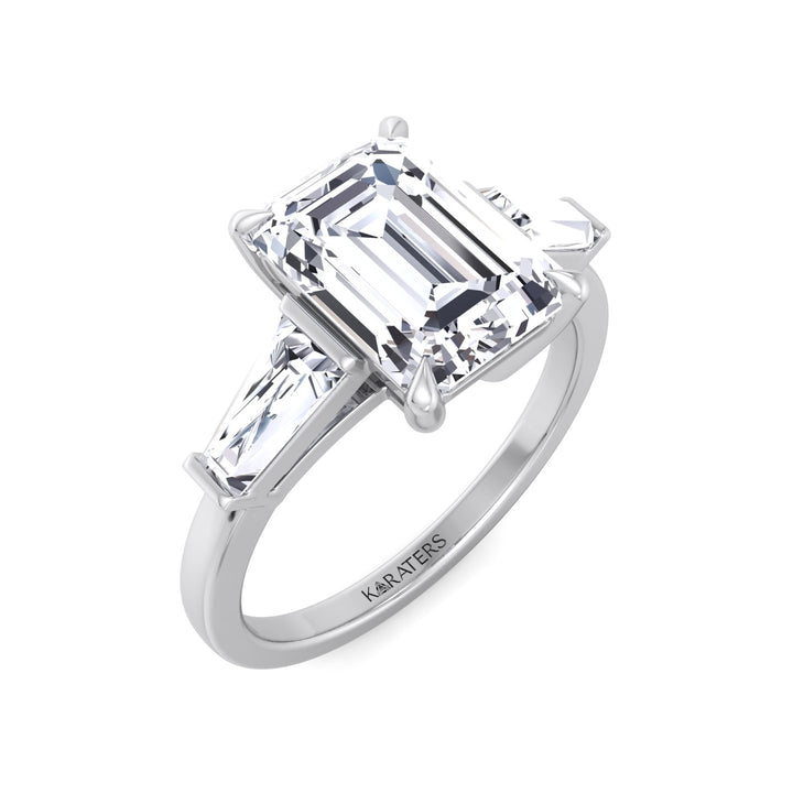 Emerald Cut Grown Diamond Solitaire Engagement Ring With Tapered Baguette Sidestones White Gold 14K 