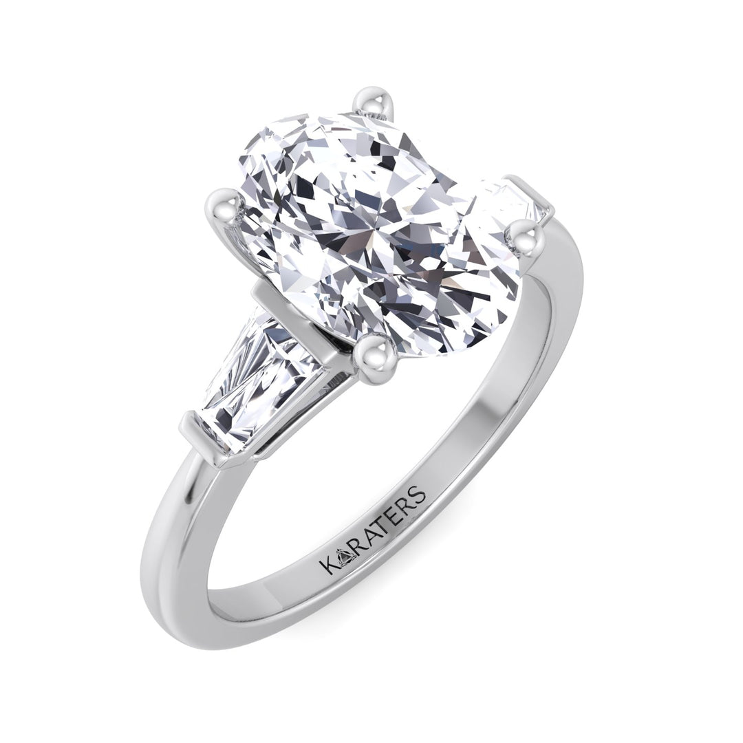 Oval Cut Lab Grown Diamond Engagement Ring with Tapered Baguette Side Stones