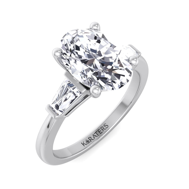 Oval Cut Lab Grown Diamond Engagement Ring with Tapered Baguette Side Stones