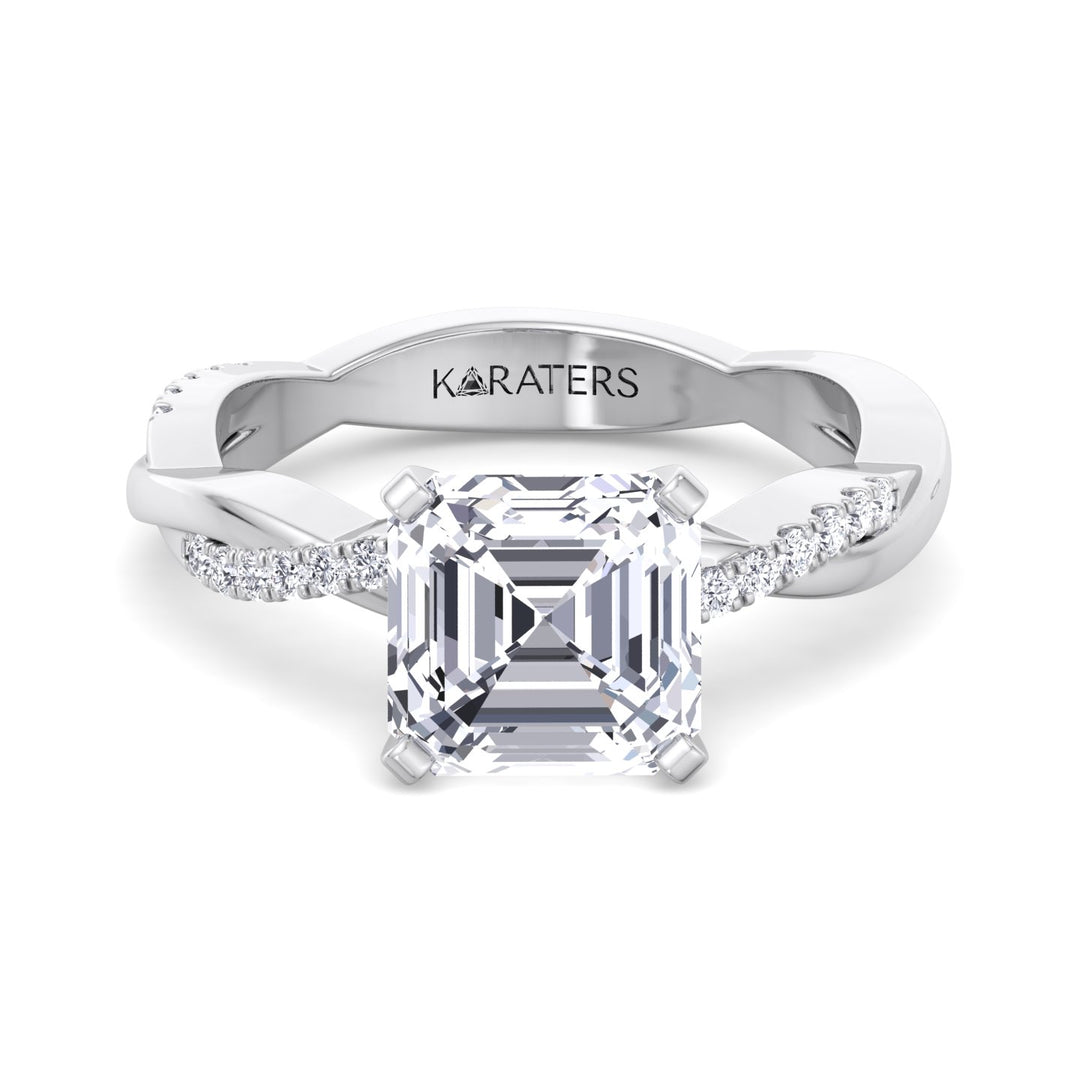 Asscher Cut Lab Grown Diamond Engagement Ring with Twist SideStone Band