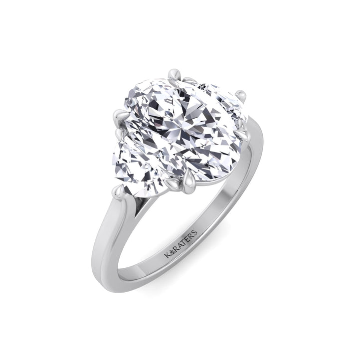 Oval Shape Lab Grown Diamond Engagement Ring with Half Moon Sidestones White Gold 18K