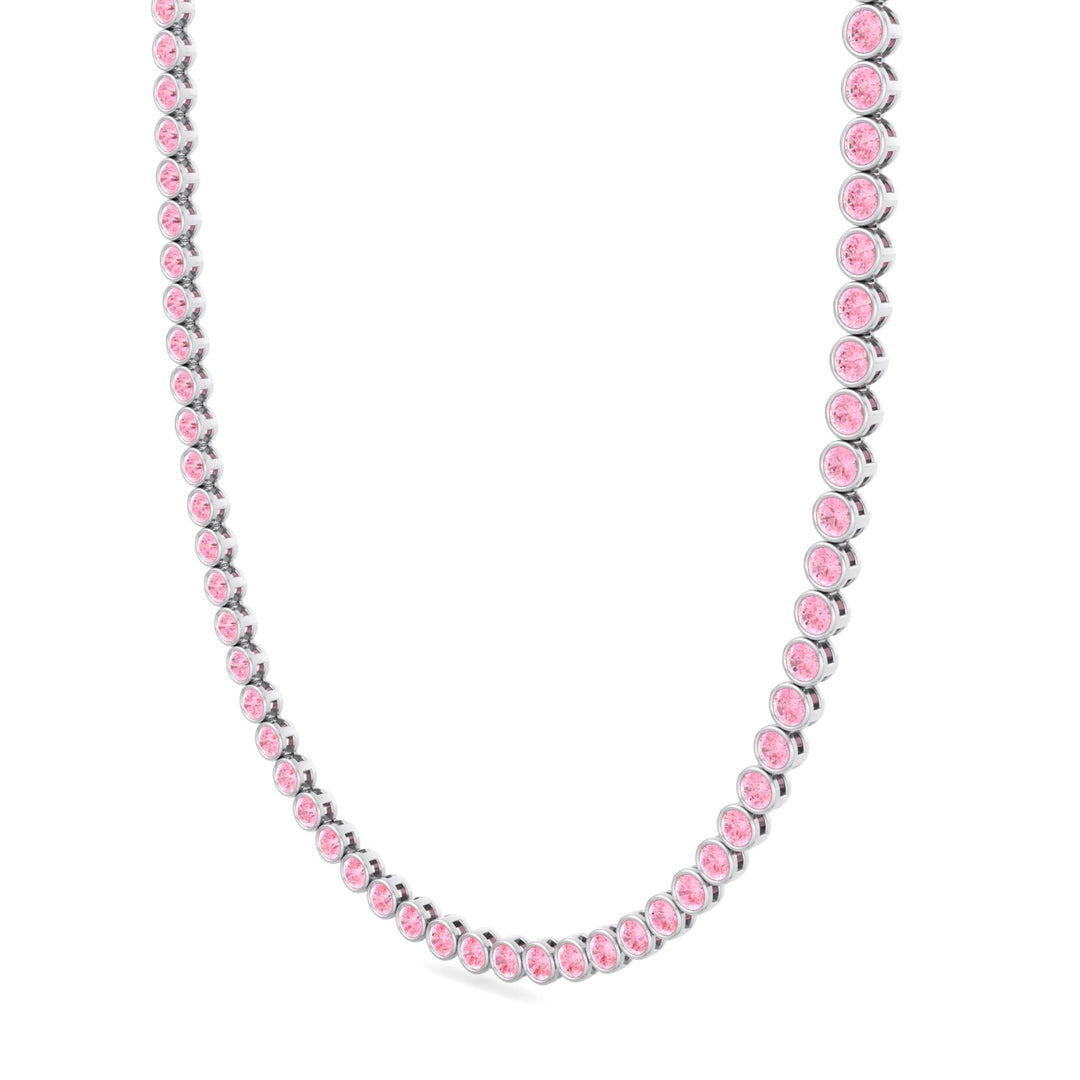 Bezel Set Fancy Pink Lab Grown Diamond Tennis Necklace 18K White Gold 1