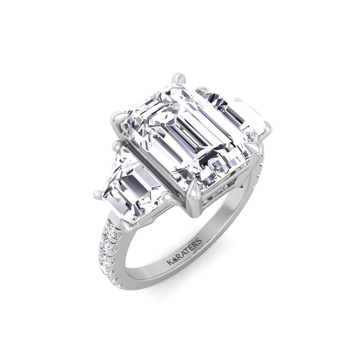 Emerald & Trapezoid Three Stone Lab-Grown Diamond Engagement Ring with Sidestones White Gold 18K