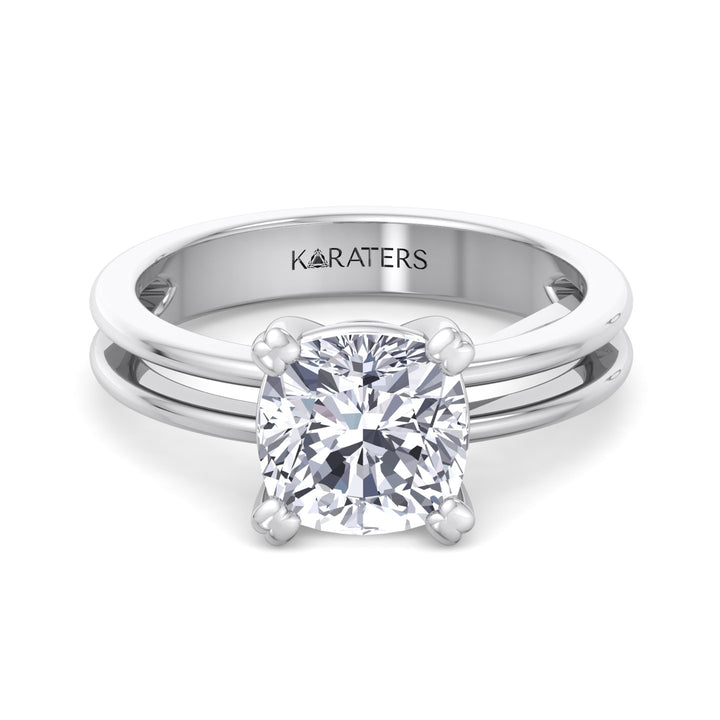 Cushion Cut Solitaire Lab Grown Diamond Engagement Ring with Double Band