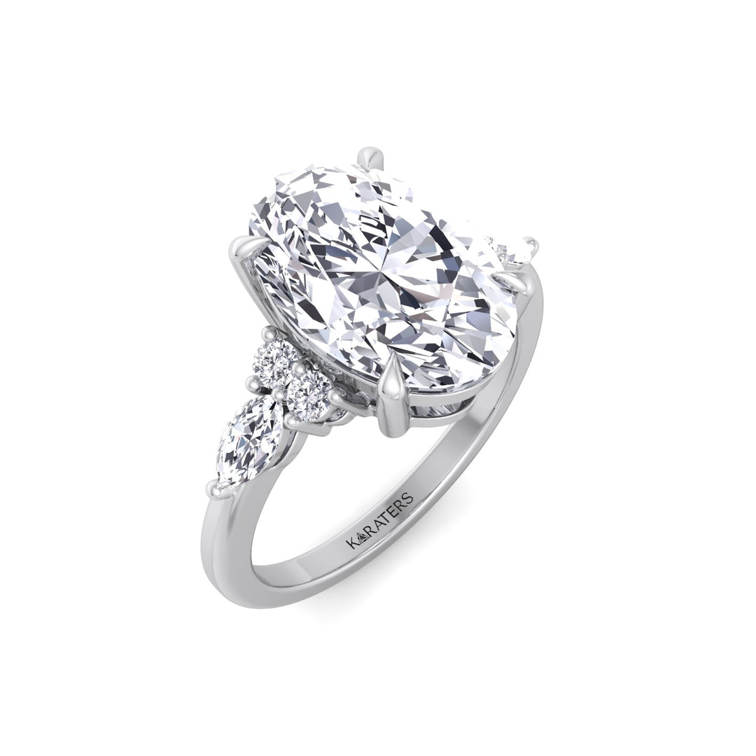 Oval Cut Lab Grown Diamond Engagement Ring with Round and Marquise Sidestones White Gold 18K