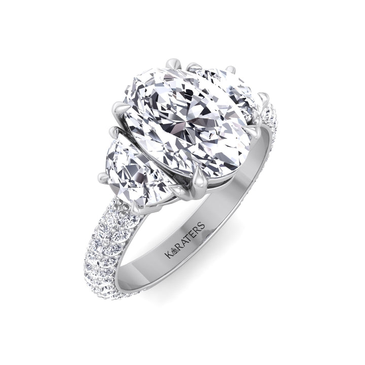 Oval and Half Moon Shape Three Stone Lab Grown Diamond Engagement Ring with Pave Band White Gold 18K