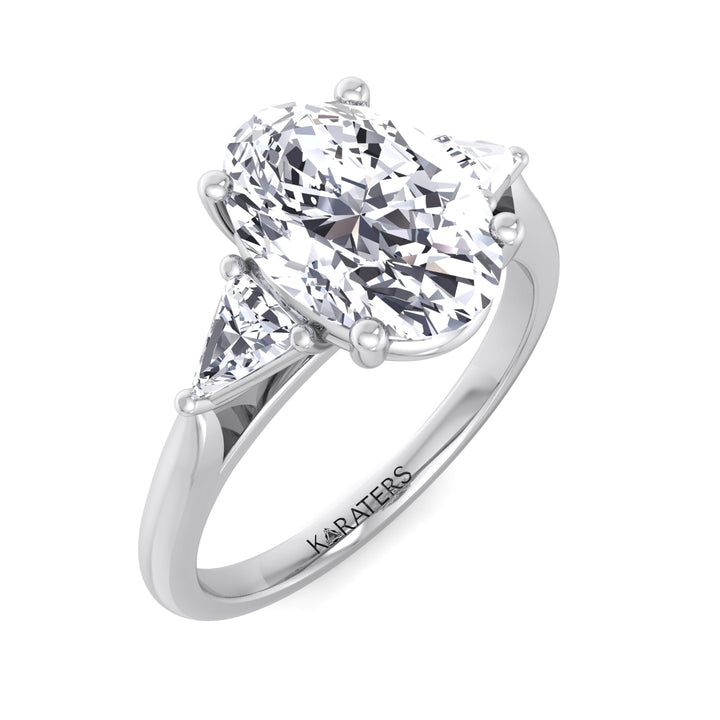 Oval Cut Lab Grown Diamond Engagement Ring with Trillion Side Stones