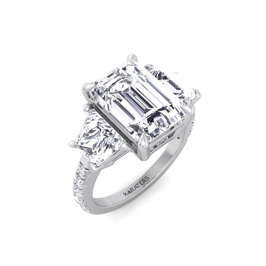 Emerald & Trapezoid Three Stone Lab-Grown Diamond Engagement Ring with Sidestones White Gold 18K