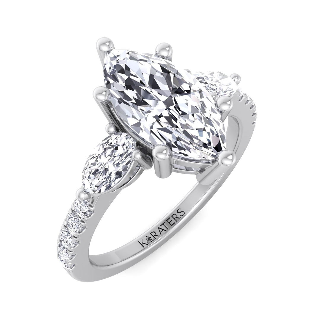 Marquise Cut Lab Grown Diamond Engagement Ring With Oval & Pave SideStones