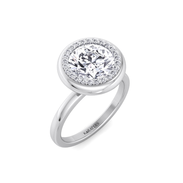 Bezel Set Round Shape Halo Lab Grown Diamond Engagement Ring White Gold 18K
