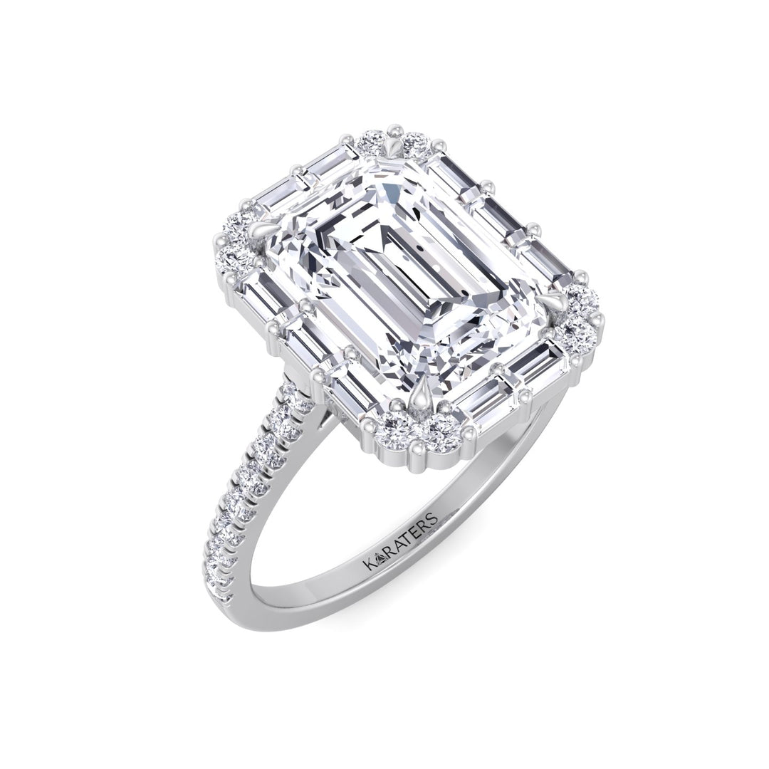Vintage Emerald Cut Lab-Grown Diamond Engagement Ring with Sidestones White Gold 18K