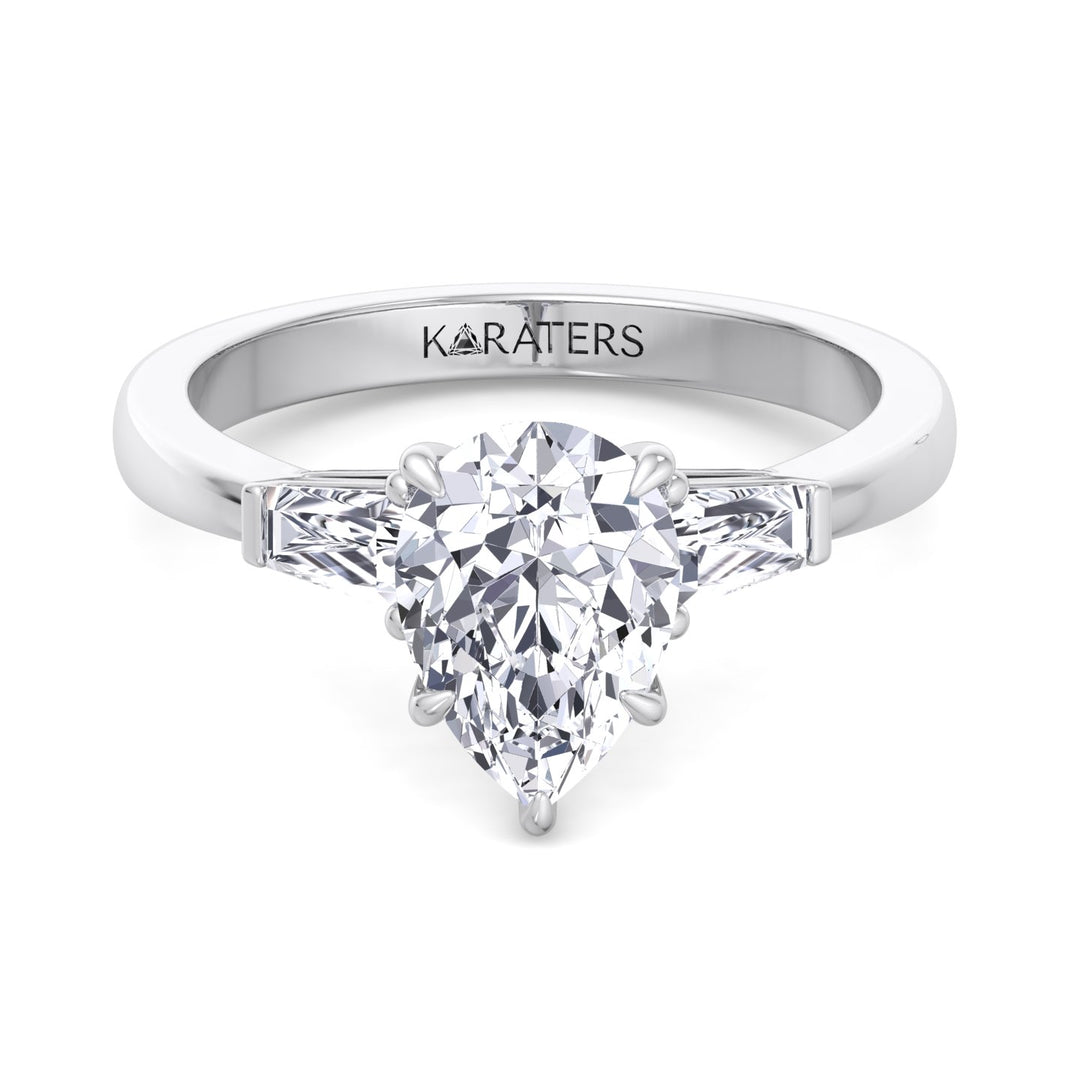 Pear Shaped Cut Lab Grown Diamond Solitaire Engagement Ring with Tapered Baguette SideStones