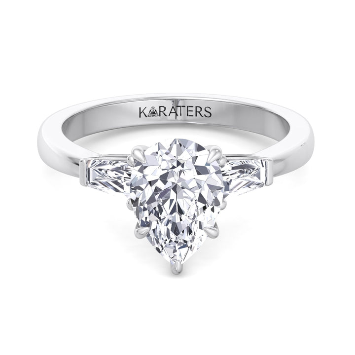 Pear Shaped Cut Lab Grown Diamond Solitaire Engagement Ring with Tapered Baguette SideStones