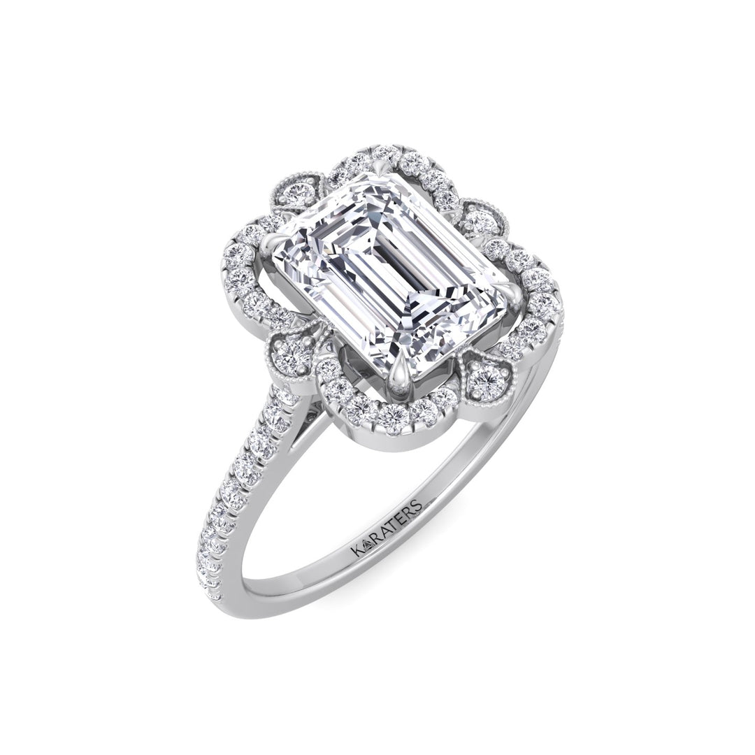 Vintage Style Emerald Cut Lab Grown Diamond Engagement Ring with Pave Band