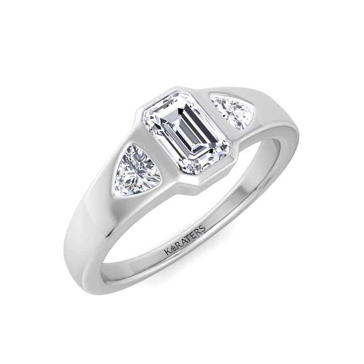 Bezel Set Emerald Lab Grown Diamond with Trillion Sidestones Engagement Ring White Gold 14K