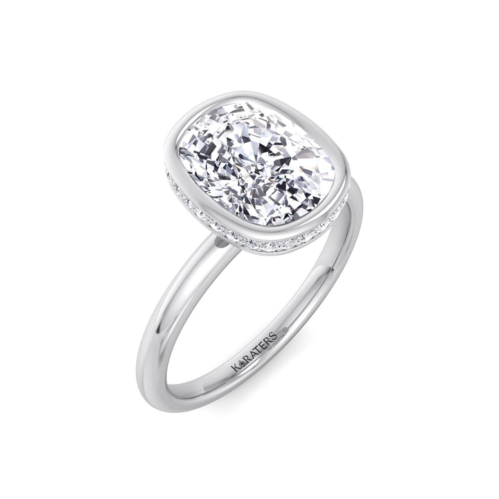 Bezel Set Cushion Cut Lab Grown Diamond Engagement Ring with Hidden Halo White Gold  18K
