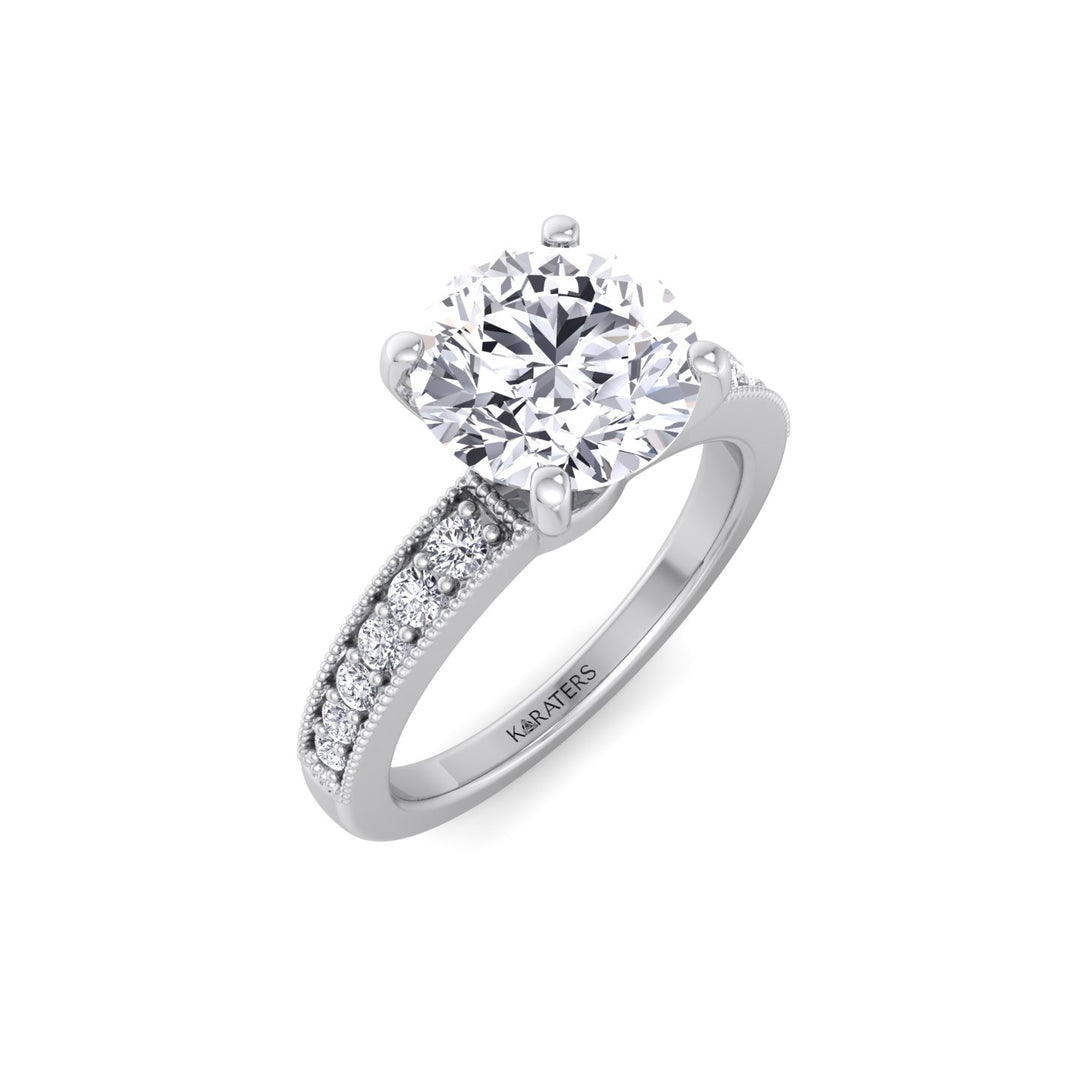 Vintage Round Shape Lab Grown Diamond Engagement Ring with Channel Set Side Stones White Gold  18K