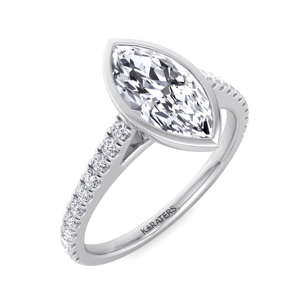 Bezel Set Marquise Shape Lab Grown Diamond Engagement Ring With Cathedral Style Pave Band