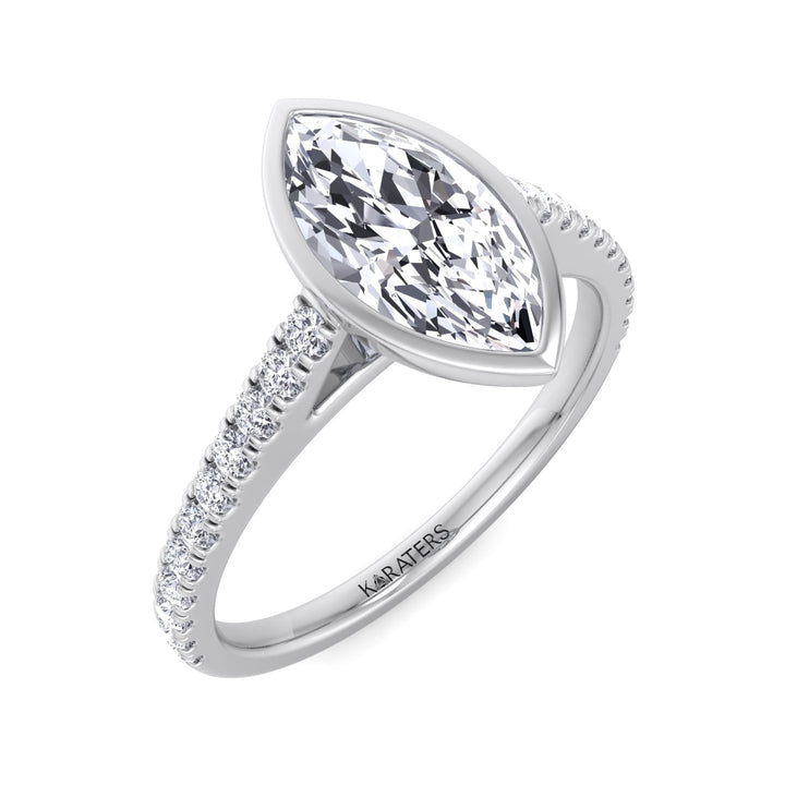 Bezel Set Marquise Shape Lab Grown Diamond Engagement Ring With Cathedral Style Pave Band