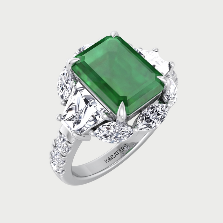 WG Green Emerald Lab Grown Diamond with Multiple Side Stone Engagement Ring side view