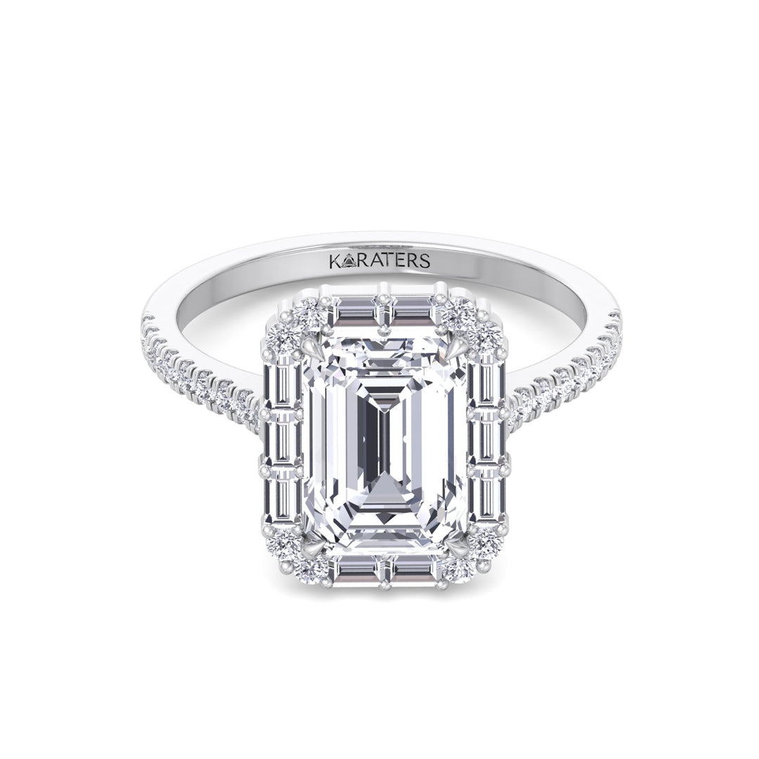 Vintage Emerald Cut Lab-Grown Diamond Engagement Ring with Sidestones White Gold 14K