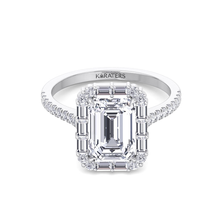 Vintage Emerald Cut Lab-Grown Diamond Engagement Ring with Sidestones White Gold 14K